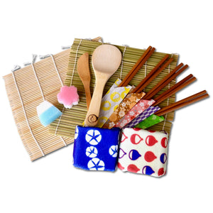 Bamboo Sushi Making Party Kit For 5 peoples / 2 Sushi Rolling Mats, Rice Paddle, Rice Spreader, 5 chopsticks, 2 towels, 2 mini Japanese sponge