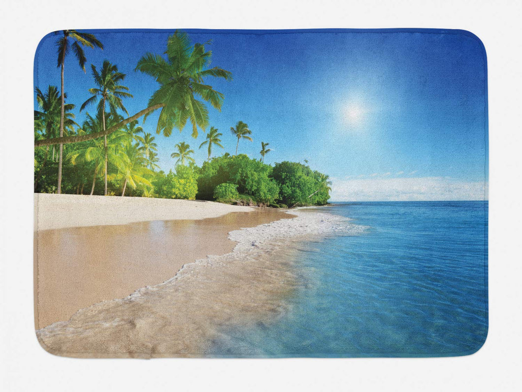 Ambesonne Blue Bath Mat, Ocean Tropical Palm Trees on Sunny Island Beach Scene Panoramic View Picture, Plush Bathroom Decor Mat with Non Slip Backing, 29.5 W X 17.5 L Inches, Blue Green White