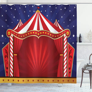 Ambesonne Circus Decor Collection, Canvas Tent Circus Stage Performing Theater Jokes Clown Cheerful Night Theme Print, Polyester Fabric Bathroom Shower Curtain Set with Hooks, Navy Blue Red