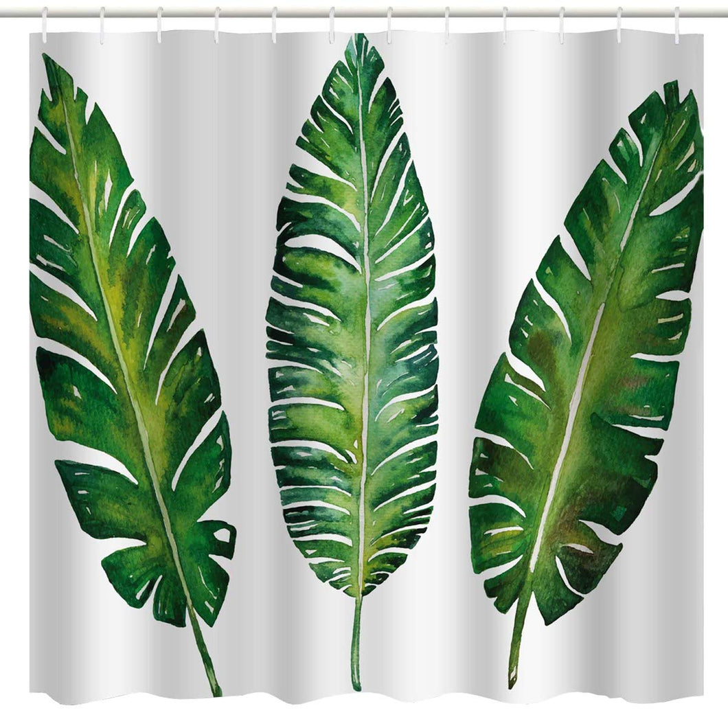 BROSHAN Green Plant Shower Curtain,Tropical Leaf Banana Leaves Summer Nature Scene Bath Curtain, Green White Polyester Waterproof Fabric Bathroom Decor Set with Hooks,72x72 Inch