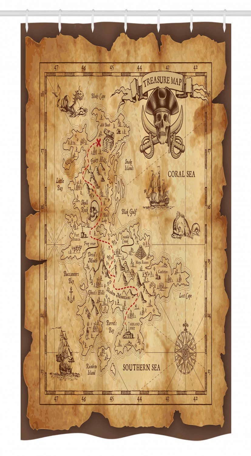 Ambesonne Island Map Stall Shower Curtain, Super Detailed Treasure Map Grungy Rustic Pirates Gold Secret Sea History Theme, Fabric Bathroom Decor Set with Hooks, 36