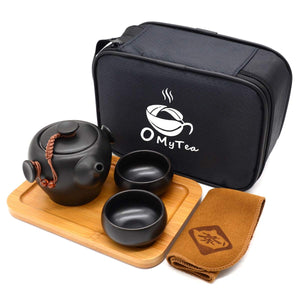 OMyTea Glass Travel Tea Set - Teapot with Infuser Stovetop Safe, 4 Tea Cups, Tea Towel, Portable Storage Bag (15oz / 450ml)