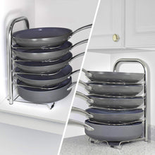 Discover the heavy duty cast iron pan and pot organizer rack 5 height adjustable shelves kitchen skillets cookware holder stainless steel 15 tall