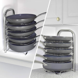 Discover the heavy duty cast iron pan and pot organizer rack 5 height adjustable shelves kitchen skillets cookware holder stainless steel 15 tall