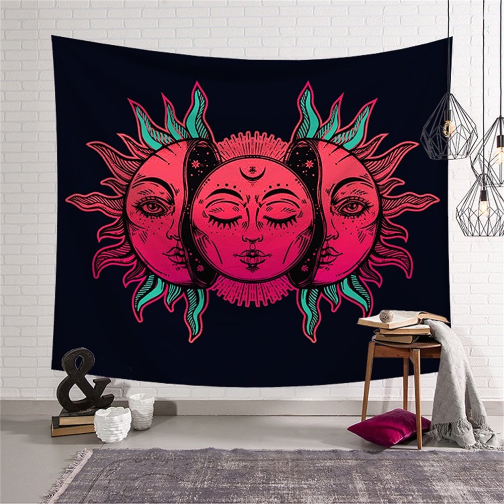 Psychedelic Celestial Red Sun and Moon with Fractal Faces Decor Tapestry Wall Hanging Hippie Celestial Energy Mystic Art Print for Window Curtain Table Cover Bedspread Beach Towel HYC44-16-L