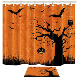 ChuaMi Halloween Party Shower Curtain Set, Bat and Pumpkin on Ghost Tree, Orange Halloween Theme, Waterproof Polyester Fabric Bathroom 69 x 70 Inches with Hooks and Anti-Slip 40 x 60cm Bath Mat