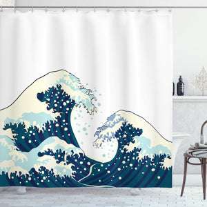 Ambesonne The Great Waves of Kanagawa Decor Collection, Japanese Illustration Ocean Decor Design , Polyester Fabric Bathroom Shower Curtain Set with Hooks, White Navy CadetBlue