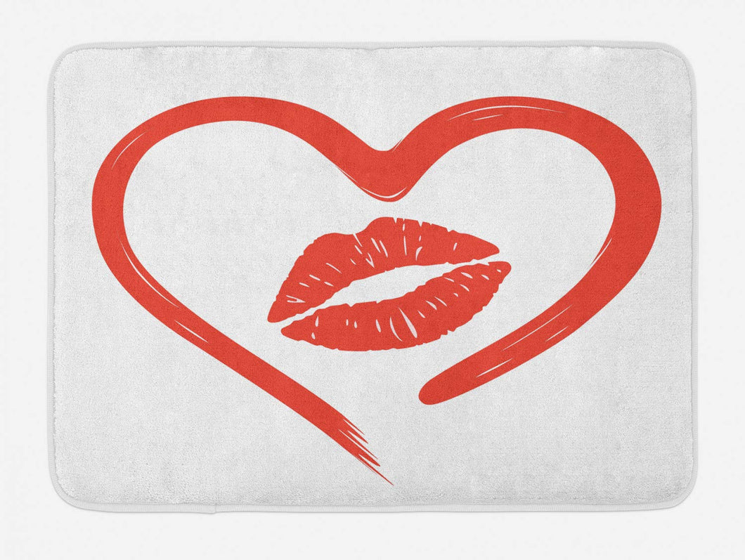 Ambesonne Kiss Bath Mat, Heart Drawn in Lipstick and Woman Lip Imprint Romance Passion and Tenderness Message, Plush Bathroom Decor Mat with Non Slip Backing, 29.5 W X 17.5 L Inches, Red White