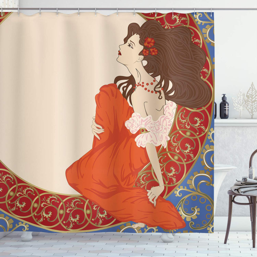 Ambesonne Art Nouveau Shower Curtain, Antique Woman in an Old Fashioned Medieval Dress Floral Rich Framework Print, Cloth Fabric Bathroom Decor Set with Hooks, 84