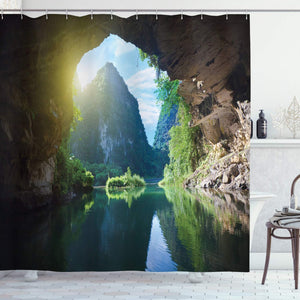 Ambesonne Natural Cave Shower Curtain, Mountain Sky View from the Grotto Viatnemese Tam Coc Park Myst Nature Photo, Fabric Bathroom Decor Set with Hooks, 84 Inches Extra Long, Multicolor