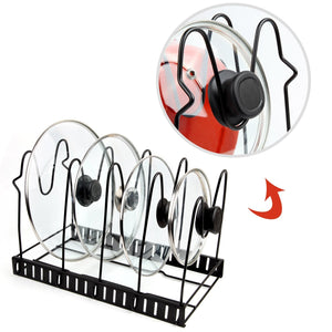 Discover the height adjustable pan organizer rack vdomus pan and pot lid holder black metal black