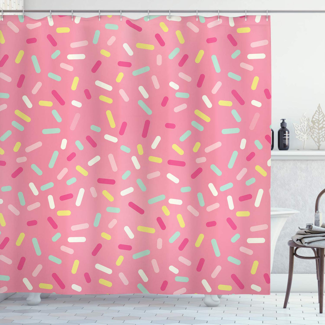 Ambesonne Pink and White Shower Curtain, Abstract Pattern of Colorful Donut Sprinkles Sweet Tasty Food Bakery Theme, Cloth Fabric Bathroom Decor Set with Hooks, 70 inches, Pink Yellow
