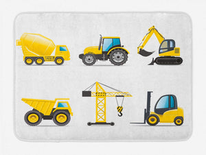Lunarable Boy's Room Bath Mat, Cartoon Style Heavy Machinery Truck Crane Digger Mixer Tractor Construction, Plush Bathroom Decor Mat with Non Slip Backing, 29.5 W X 17.5 W Inches, Yellow Grey
