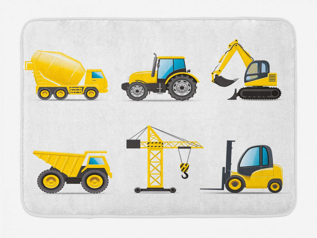 Lunarable Boy's Room Bath Mat, Cartoon Style Heavy Machinery Truck Crane Digger Mixer Tractor Construction, Plush Bathroom Decor Mat with Non Slip Backing, 29.5 W X 17.5 W Inches, Yellow Grey