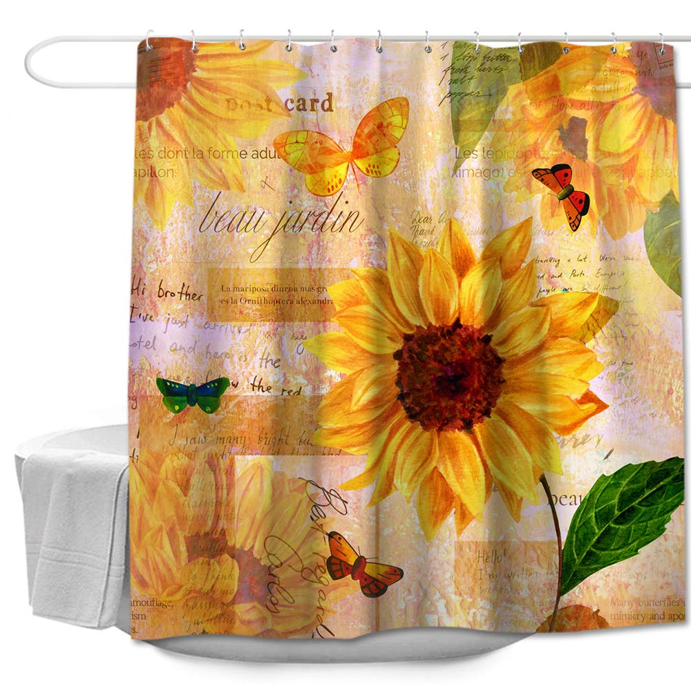 Colorful Star Yellow Sunflowers Butterfly Design Shower Curtain Made of 100% Polyester Fabric Machine Washable Waterproof Durable with Hooks 72