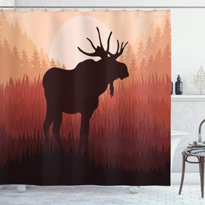 Ambesonne Moose Shower Curtain, Antlers in Wild Alaska Forest Rusty Abstract Landscape Design Deer Theme Woods, Cloth Fabric Bathroom Decor Set with Hooks, 75" Long, Peach Brown