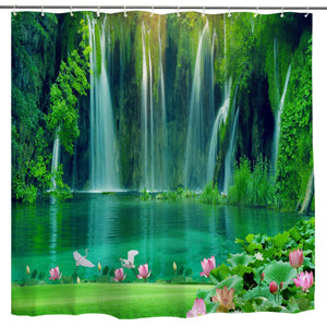 Waterfall Shower Curtain Fabric, Tropical Forest Tree Waterfall Lake with Lutus Flower Summer Scene Art Print, Green Nature Waterproof Bathroom Decor Set with Hooks,72 x 72 Inch