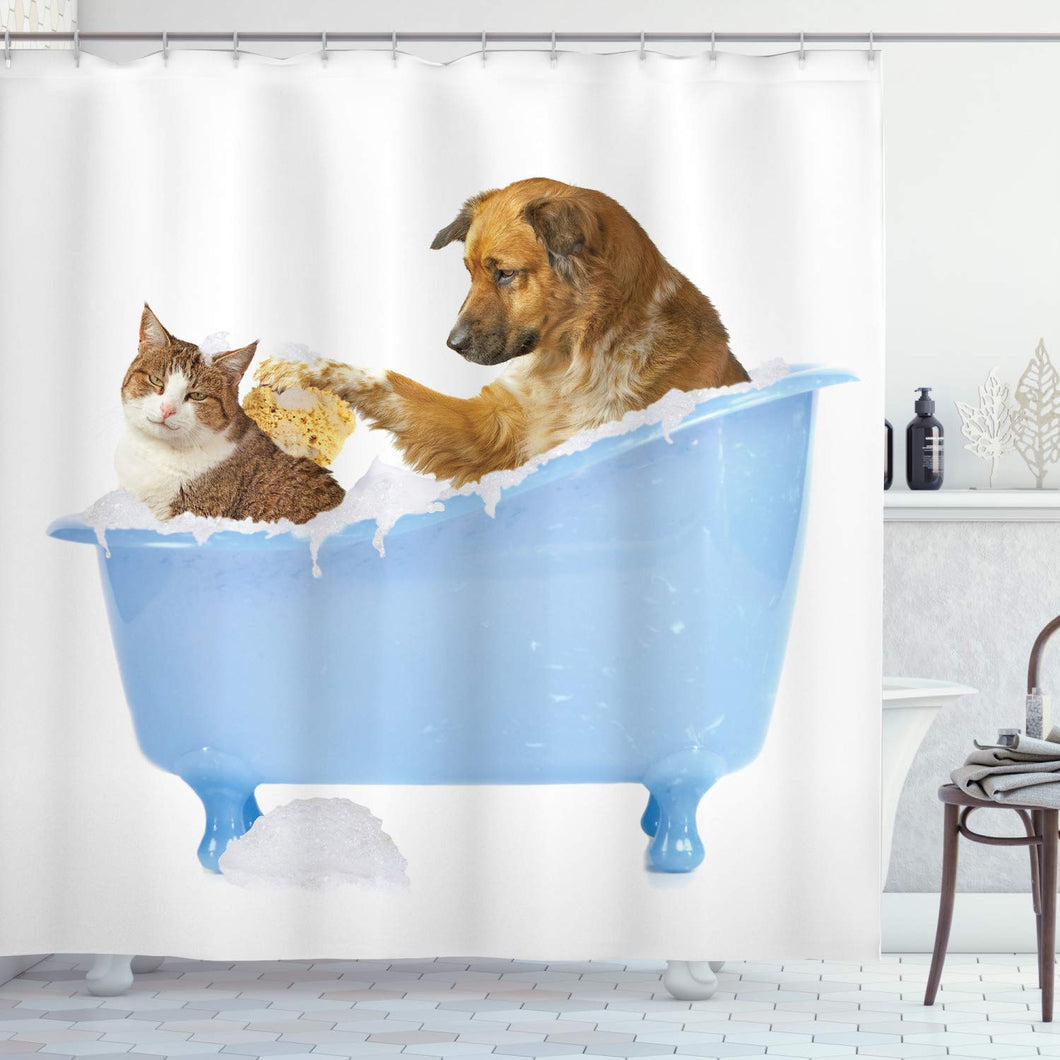 Ambesonne Cat Shower Curtain, Dog Kitty in The Bathtub Together Bubbles Shampooing Having Shower Fun Print, Cloth Fabric Bathroom Decor Set with Hooks, 70