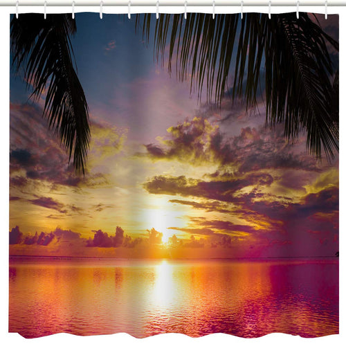 Tropical Shower Curtains for Bathroom, Ocean Palm Tree Leaf Hawaiian Beach Seaside Sunset Seascape Art Print Bath Curtain,Polyester Waterproof Fabric Bathroom Decor Set with Hooks,72x72 Inch,Orange
