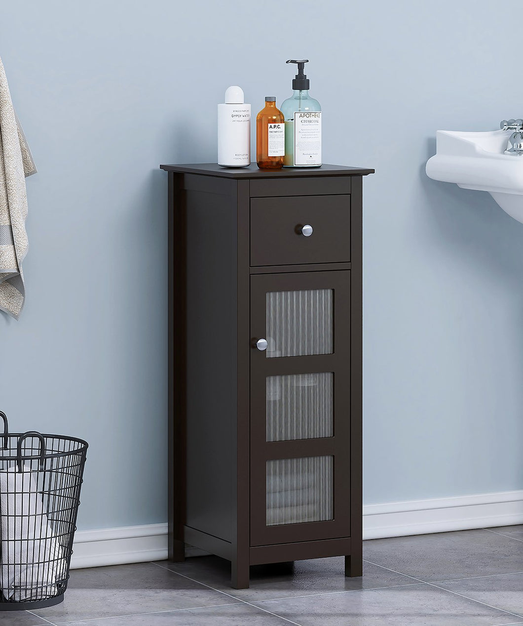 SPIRICH Bathroom Storage Floor Cabinet, Bathroom Cabinet free standing with Single Drawer and Adjustable Shelf (Espresso)