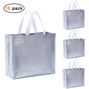 Rumcent Glossy Glitter Durable Reusable Grocery Bag Tote Bag Handles Bag,Medium Non-woven Fashionable Present Bag Gift Bag,Goodies Bag Shopping Bag,Promotional Bag,Totes,Bulk Bags Set Of 10 - Silver