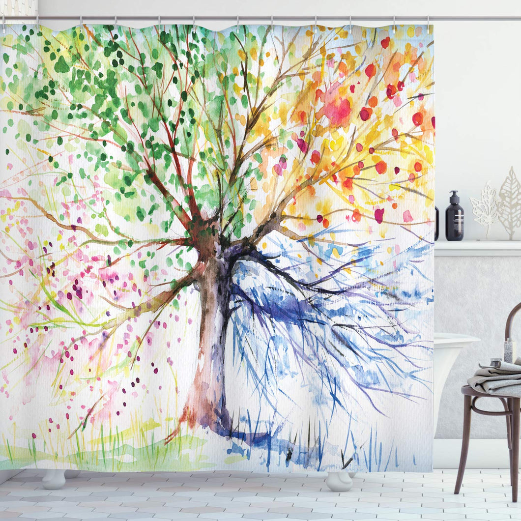 Four Seasons - Shower Curtain - Berry Green Red Yellow Navy Brown - Water, Soap, and Mildew resistant - Machine Washable - Shower Hooks are Included