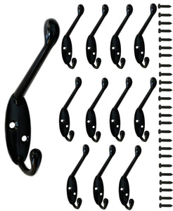 12 Pack Heavy Duty Metal Decorative Dual Coat Hooks Wall Mounted Double Coat Hanger for Hat Hardware Dual Prong Retro Coat Hanger with 26 Screws (Black)