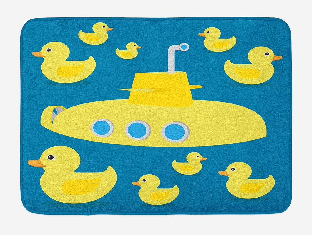 Ambesonne Rubber Duck Bath Mat, Duckies Swimming in The Sea with a Yellow Submarine Kids Party Nautical Print, Plush Bathroom Decor Mat with Non Slip Backing, 29.5