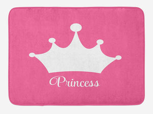 Lunarable Princess Bath Mat, White Crown on Pink Backdrop Tiara Graphic Princess Word Lettering Print, Plush Bathroom Decor Mat with Non Slip Backing, 29.5" X 17.5", Pink White