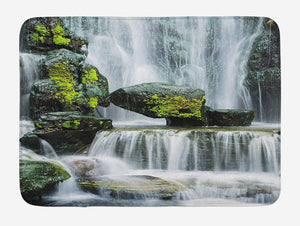 Ambesonne Waterfall Bath Mat, Majestic Waterfall Blocked with Massive Rocks with Moss on Them Photo, Plush Bathroom Decor Mat with Non Slip Backing, 29.5" X 17.5", Green Black