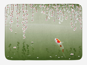 Lunarable Koi Fish Bath Mat, Japanese Koi Fish Painting Style Hanging Cherry Flowers Floating Leaves, Plush Bathroom Decor Mat with Non Slip Backing, 29.5" X 17.5", Orange White