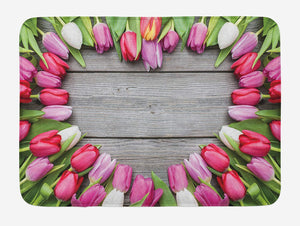 Ambesonne Love Bath Mat, Frame of Fresh Tulips Arranged on Old Wooden Table Countryside Nature Print, Plush Bathroom Decor Mat with Non Slip Backing, 29.5" X 17.5", Pink Grey