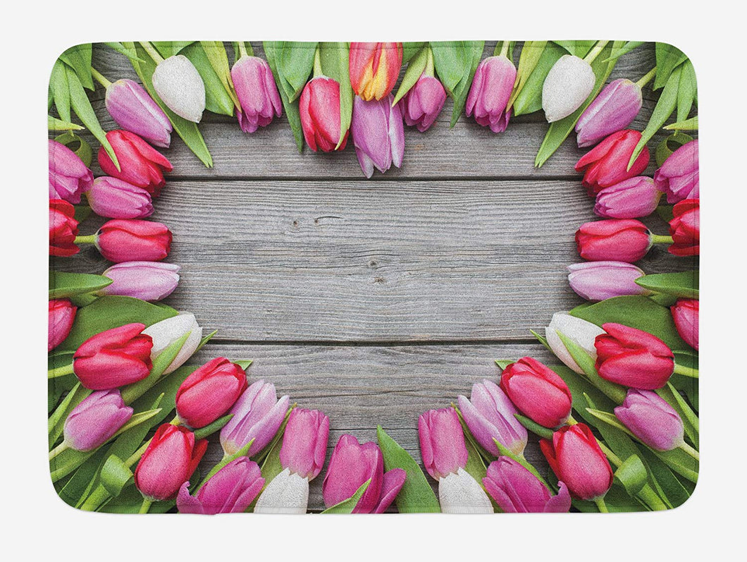 Ambesonne Love Bath Mat, Frame of Fresh Tulips Arranged on Old Wooden Table Countryside Nature Print, Plush Bathroom Decor Mat with Non Slip Backing, 29.5