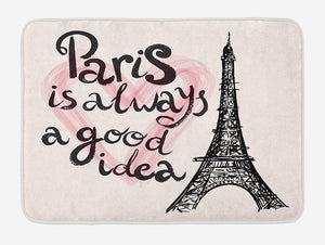 Ambesonne Eiffel Tower Bath Mat, Lettering in Heart Modern Europe Dream Tour Sketch Illustration, Plush Bathroom Decor Mat with Non Slip Backing, 29.5" X 17.5", Pink Black