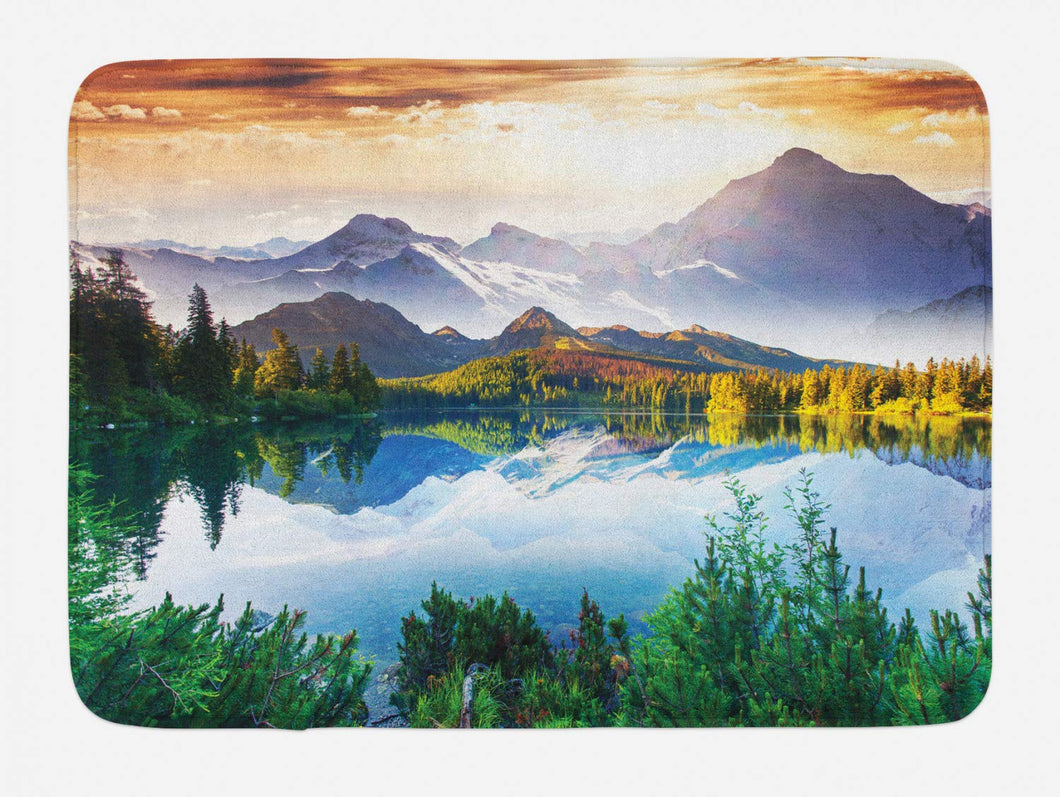 Ambesonne Nature Bath Mat, Winter Scenery in The Mountains Greenery ICY Lake Idyllic Early Morning Sunrise View, Plush Bathroom Decor Mat with Non Slip Backing, 29.5