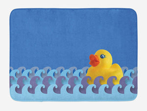 Ambesonne Rubber Duck Bath Mat, Rubber Duck Floating on Paper Seem Water Waves Bathroom Time Childcare Image, Plush Bathroom Decor Mat with Non Slip Backing, 29.5" X 17.5", Blue Yellow