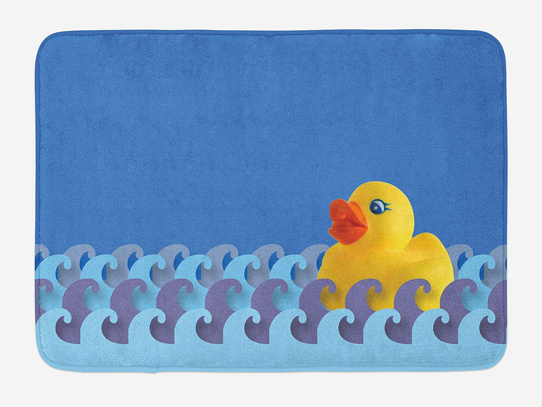 Ambesonne Rubber Duck Bath Mat, Rubber Duck Floating on Paper Seem Water Waves Bathroom Time Childcare Image, Plush Bathroom Decor Mat with Non Slip Backing, 29.5