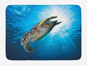 Ambesonne Turtle Bath Mat, Hawksbill Sea Turtle Dive Deep into The Blue Ocean Against Sun Rays, Plush Bathroom Decor Mat with Non Slip Backing, 29.5" X 17.5", Yellow Brown