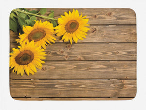 Lunarable Sunflower Bath Mat, 3 Sunflowers on Wooden Background at Top Left Corner Picture Print, Plush Bathroom Decor Mat with Non Slip Backing, 29.5" X 17.5", Yellow Umber