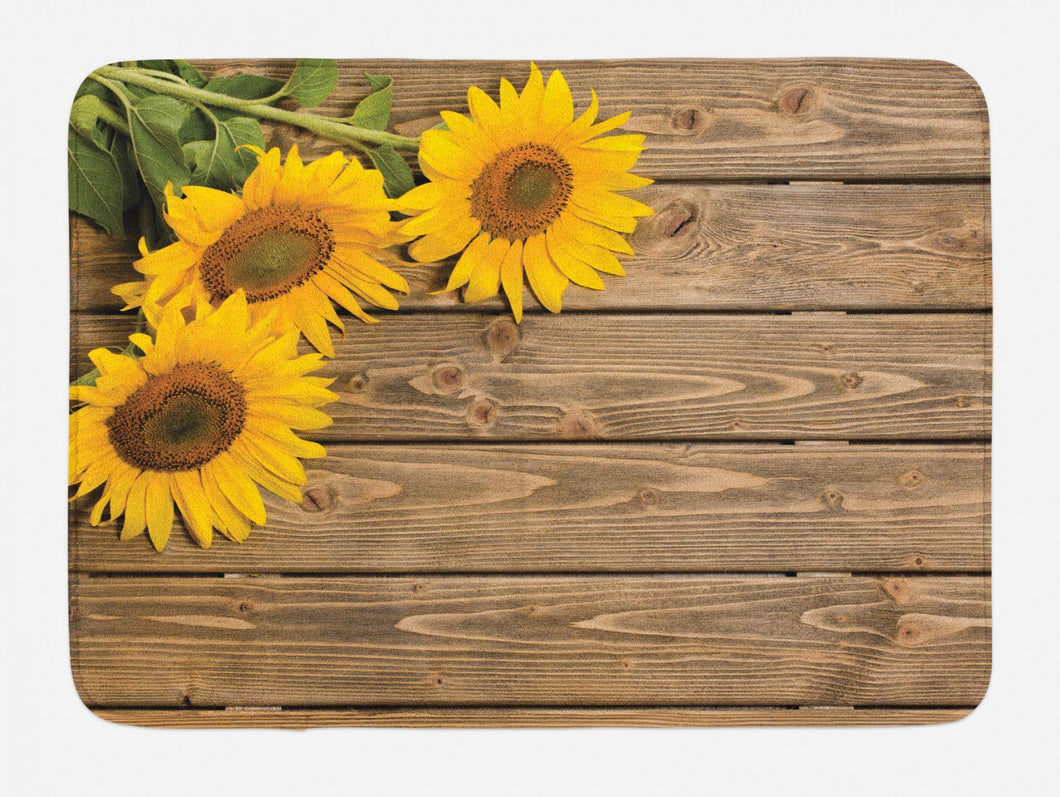 Lunarable Sunflower Bath Mat, 3 Sunflowers on Wooden Background at Top Left Corner Picture Print, Plush Bathroom Decor Mat with Non Slip Backing, 29.5