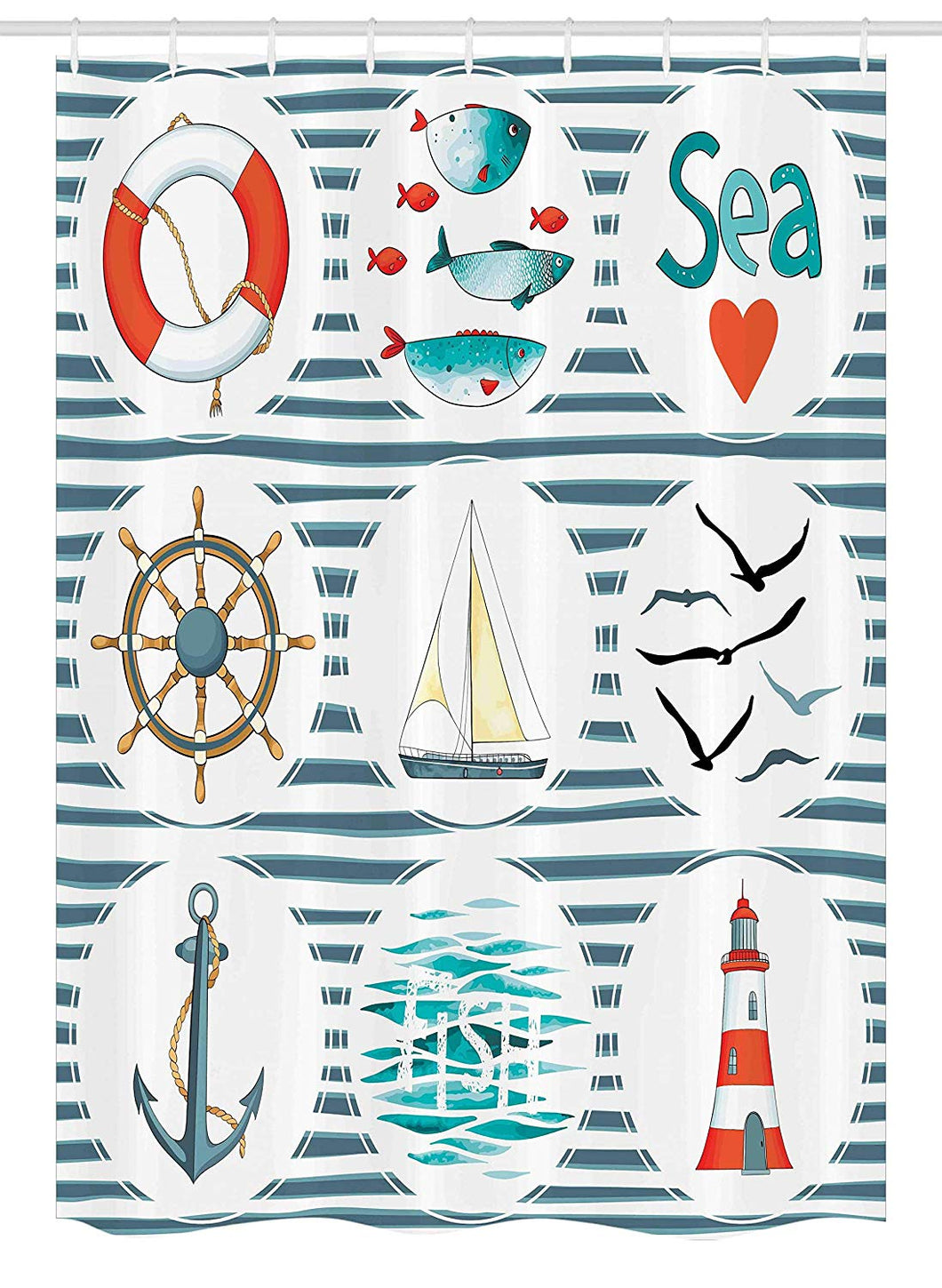 Ambesonne Nautical Stall Shower Curtain, Sea Set with Fishes Lifebuoy Gulls Lighthouse Marine Inspired Maritime Theme, Fabric Bathroom Decor Set with Hooks, 54 W x 78 L Inches, White Red Blue