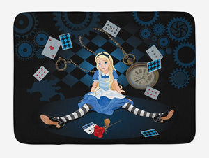 Ambesonne Alice in Wonderland Bath Mat, Grown Size Alice Sitting with Flying Cards and Rose Checkered Cartoon, Plush Bathroom Decor Mat with Non Slip Backing, 29.5" X 17.5", Dark Blue