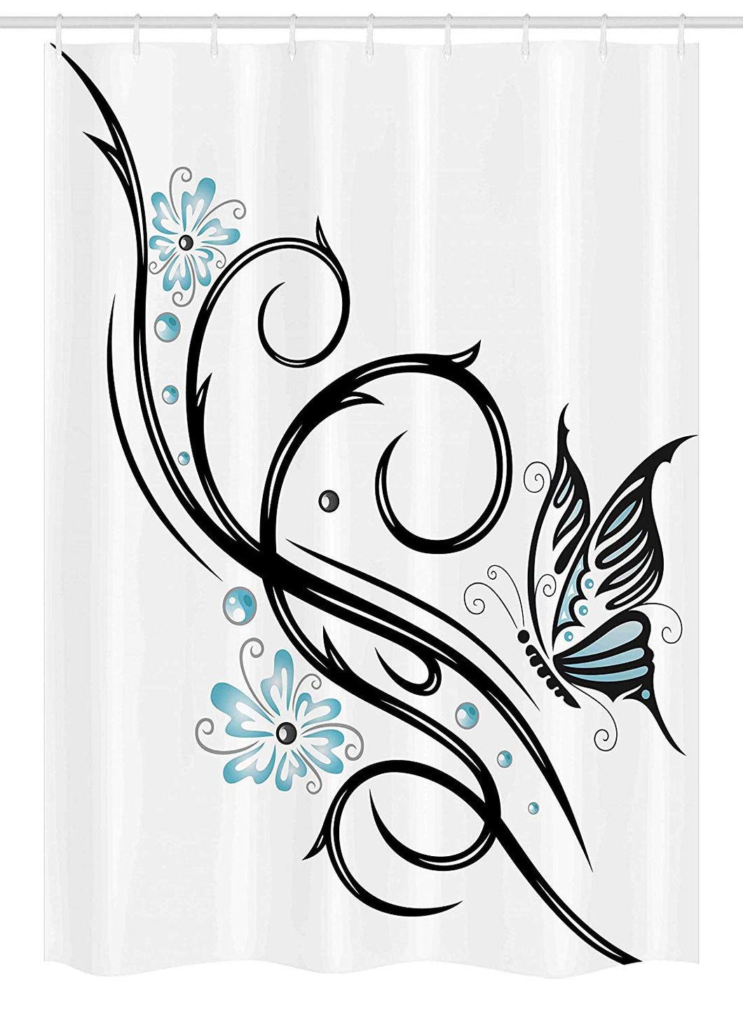 Ambesonne Tattoo Stall Shower Curtain, Leaf Like Design with Blue Flowers and a Flying Butterfly Image Print, Fabric Bathroom Decor Set with Hooks, 54