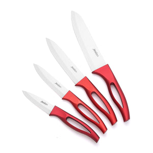 Jeslon Ceramic Knives Set: 4Pieces 6" Chef, 5" Utility / Slicing, 4" Fruit / 3" Paring Knives Rust Proof & Stain Resistant Professional Kitchen Cutlery (Red)