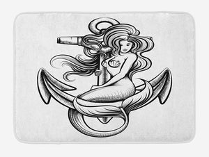 Ambesonne Anchor Bath Mat, Monochrome Long Haired Mermaid Motif Tattoo Art Design Greek Folklore, Plush Bathroom Decor Mat with Non Slip Backing, 29.5" X 17.5", Black White