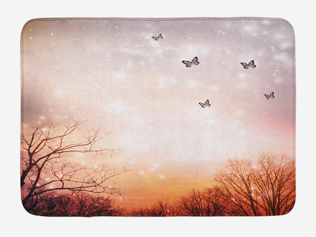 Ambesonne Butterfly Bath Mat, Dreamy Butterflies Over Trees Romantic Fantasy Blurry Sky Design, Plush Bathroom Decor Mat with Non Slip Backing, 29.5