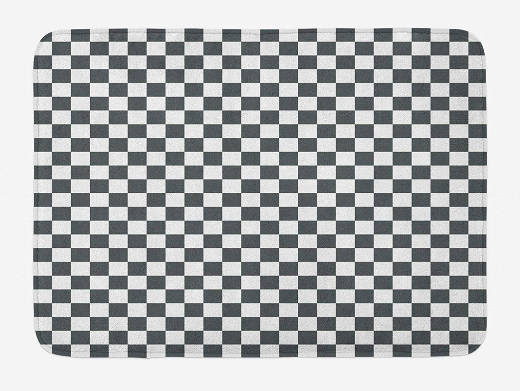 Ambesonne Checkered Bath Mat, Monochrome Composition with Classical Chessboard Inspired Abstract Tile Print, Plush Bathroom Decor Mat with Non Slip Backing, 29.5 W X 17.5 L Inches, Grey White