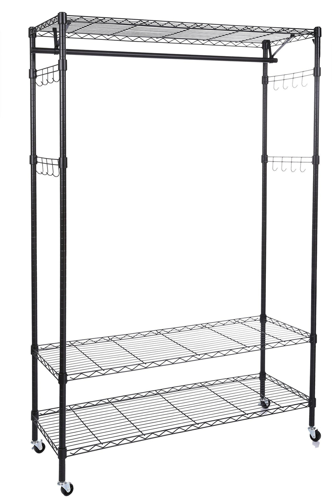 New homdox 3 tiers big size heavy duty wire shelving unit garment rack with hanger bar wheels 2 pair side hooks black