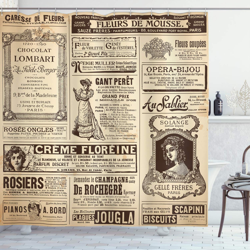 Ambesonne Paris Shower Curtain, Vintage Old Historic Newspaper Journal French Paper Lettering Art Design, Cloth Fabric Bathroom Decor Set with Hooks, 75