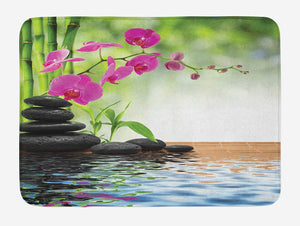 Ambesonne Spa Bath Mat, Composition Bamboo Tree Floor Mat Orchid Stones Wellness Greenery, Plush Bathroom Decor Mat with Non Slip Backing, 29.5" X 17.5", Green Dimgray